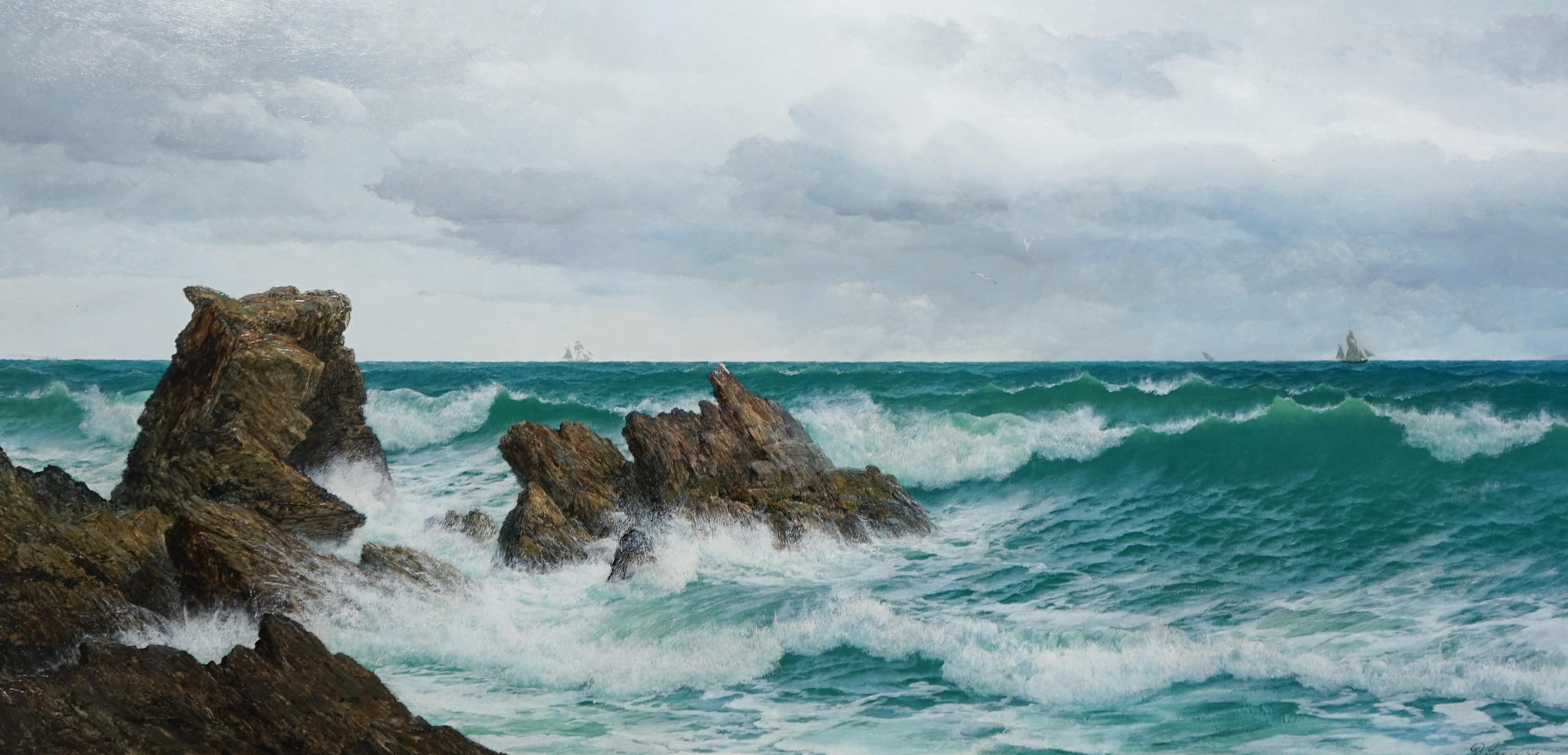 David James (English, 1854-1904), 'Hightide, Bude Bay, Cornwall', oil on canvas, 62 x 124cm